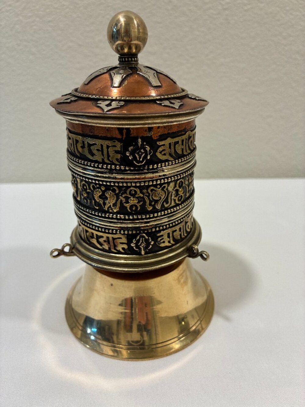 Vintage Tibetan Buddhist Tabletop Meditation Prayer Wheel Copper & Brass 6" EUC